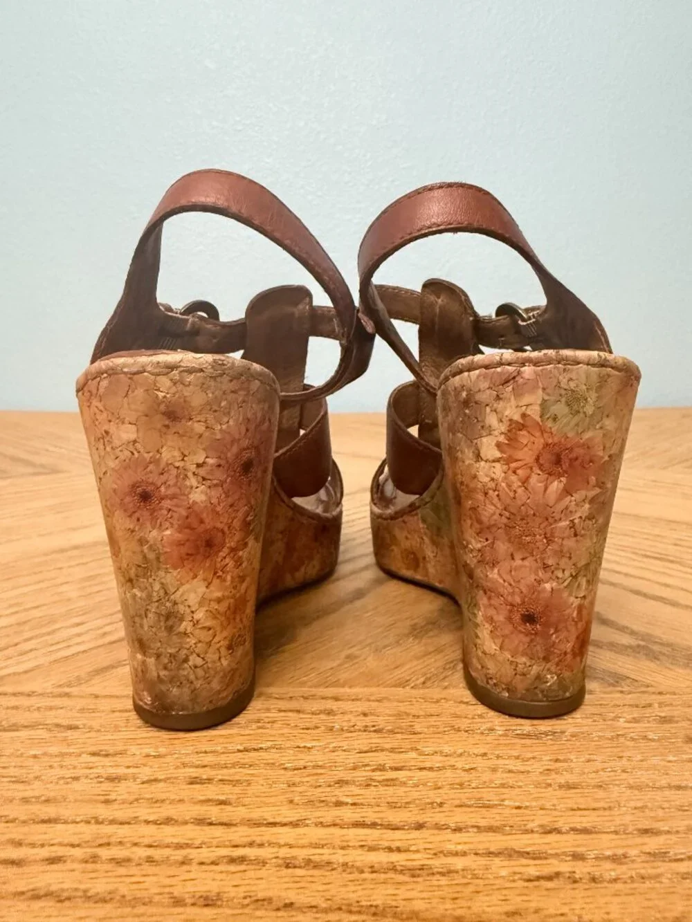 Born Brown Leather Sandals Multicolor Floral Cork 4.25 Inch Wedge Heels